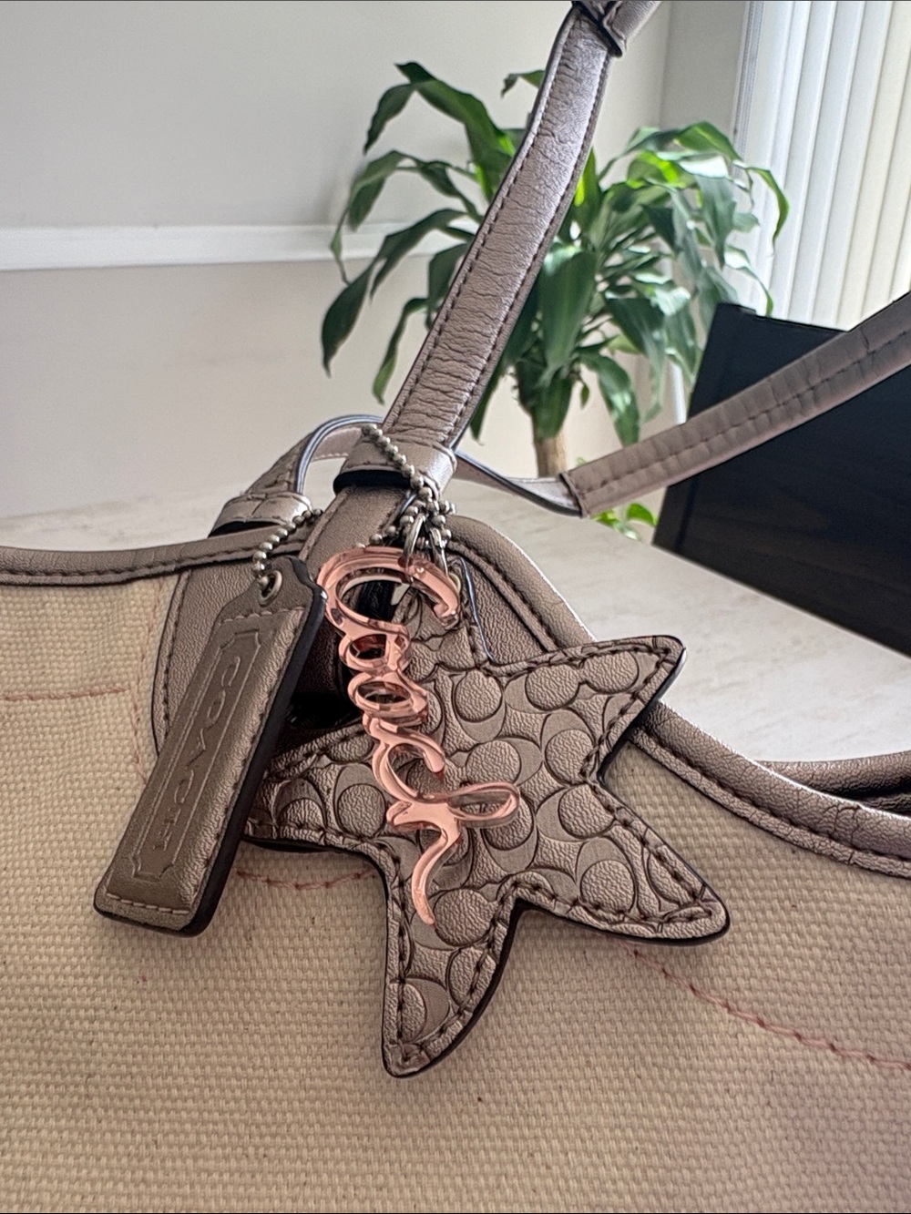 Coach Canvas Tote with Taupe Star Charm and Rose Gold Script